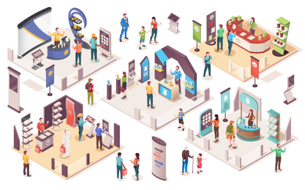 People at expo or business exhibition, vector isometric icons. Technology and business exhibition with product display exposition stands, company consultants, info desks, promotion banners and showcases