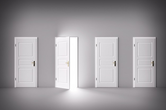 Door open to the light, new world, chance or opportunity. Decision making